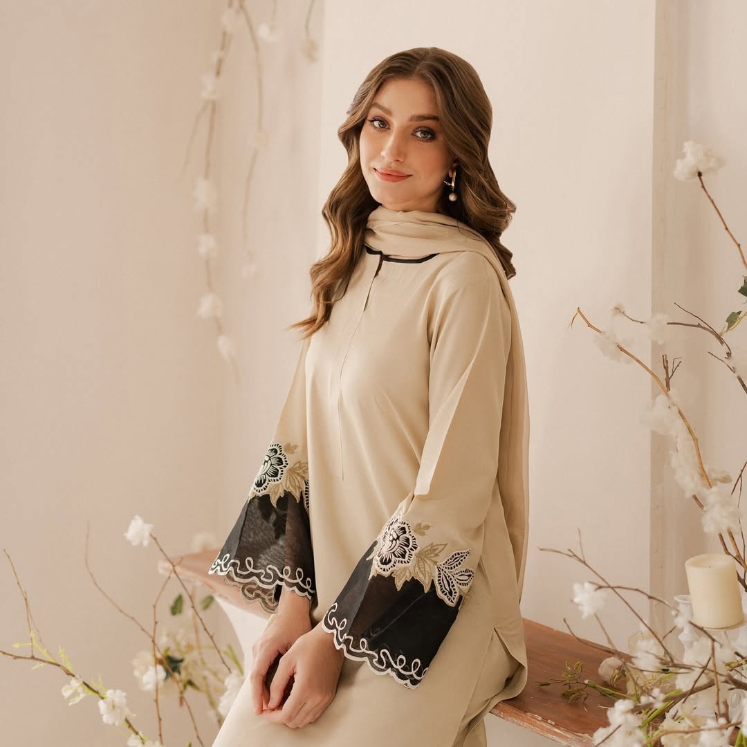 Elegant Beige & Black lawn Suit