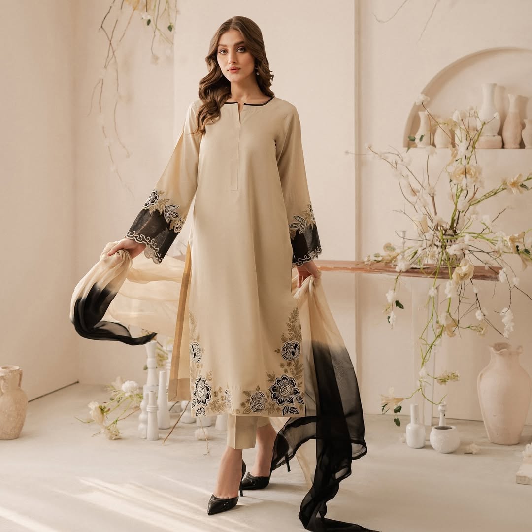 Elegant Beige & Black lawn Suit