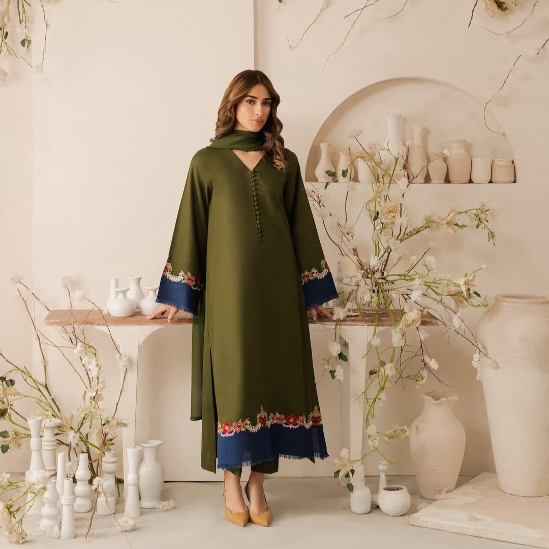 🌿 Summer Grace - 3 Piece Embroidered Lawn Suit in Olive Green & Royal Blue 🌿