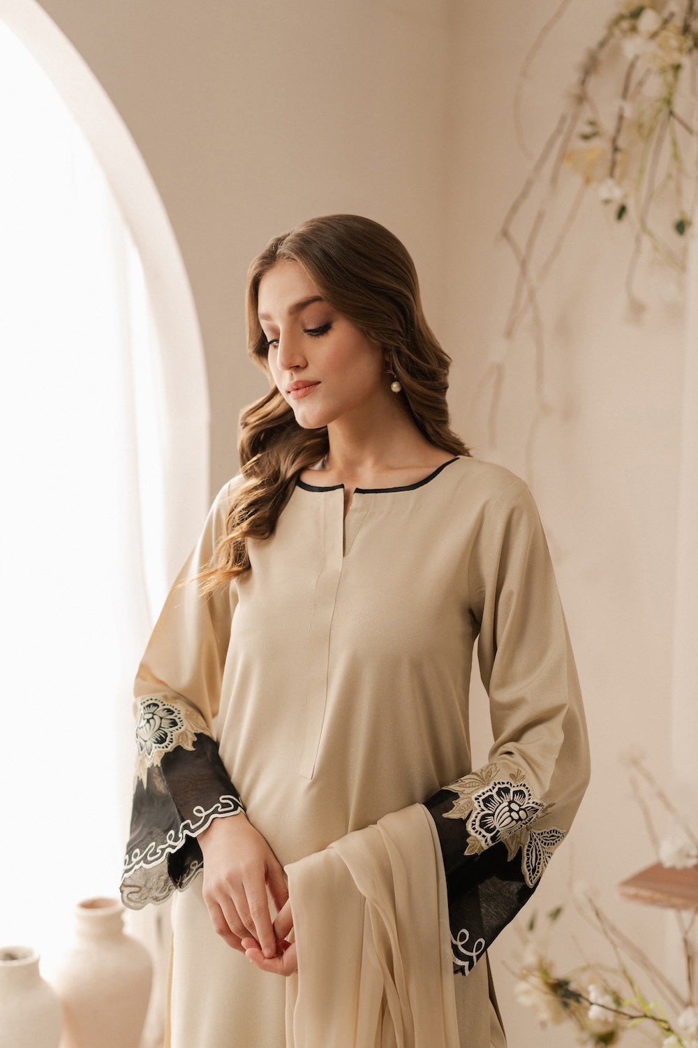 Elegant Beige & Black lawn Suit