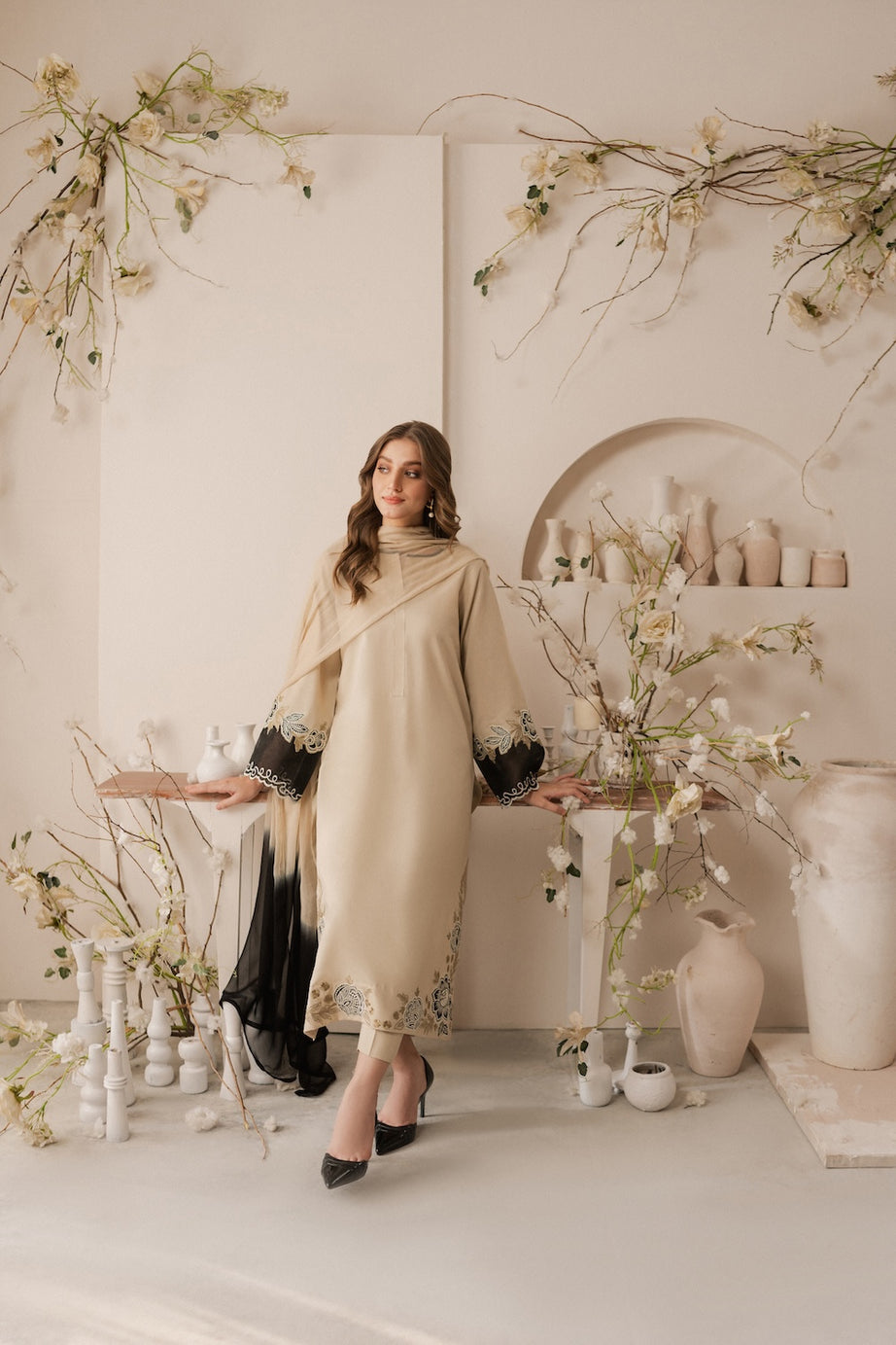Elegant Beige & Black lawn Suit